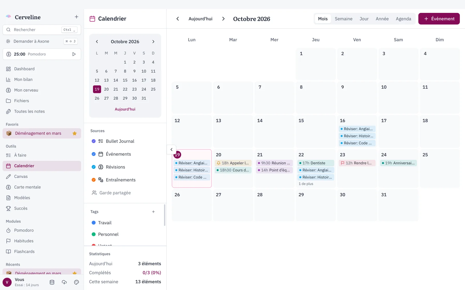 Le calendrier du mois avec les révisions, une réunion, un rendez-vous chez le dentiste et un anniversaire