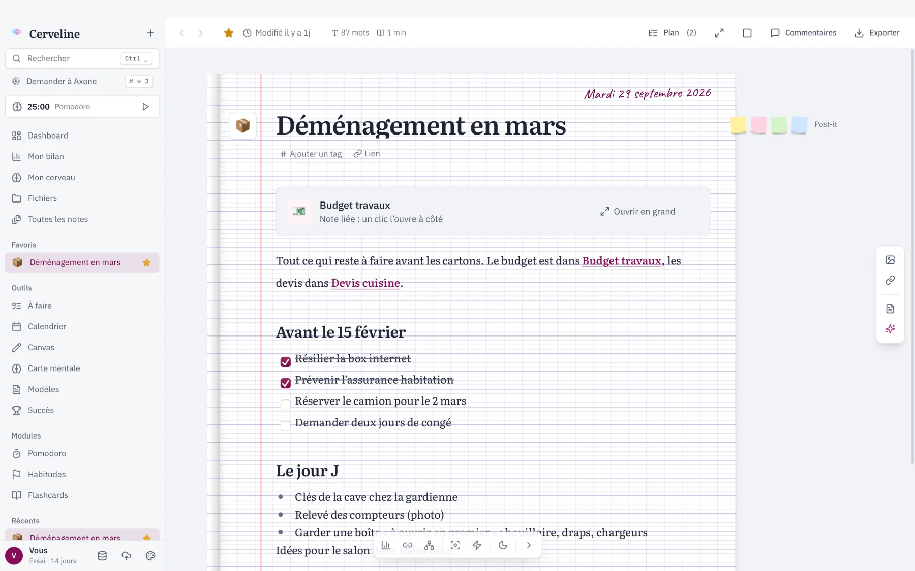 Cerveline ouvert sur une note « Déménagement en mars » : une page de cahier avec une liste de choses à faire et des liens vers d’autres notes