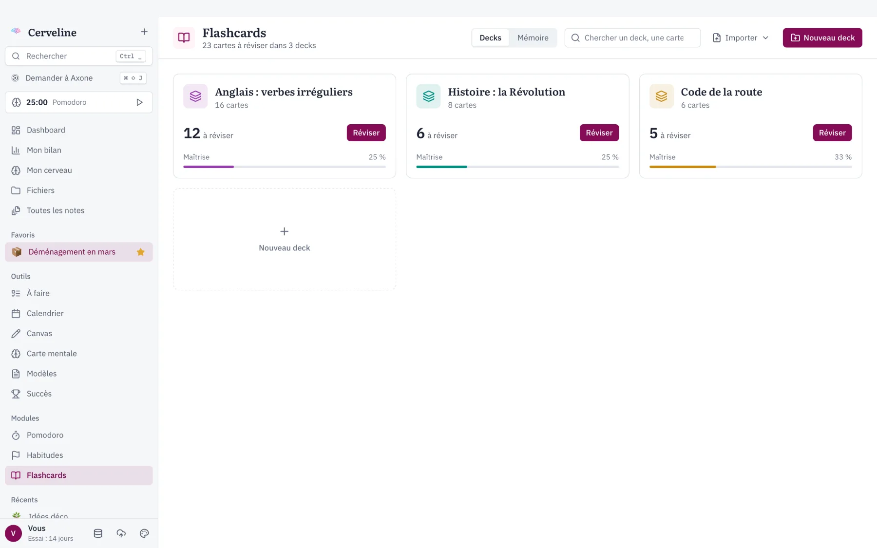 Trois decks de flashcards : anglais, histoire, code de la route, avec les cartes à réviser aujourd’hui